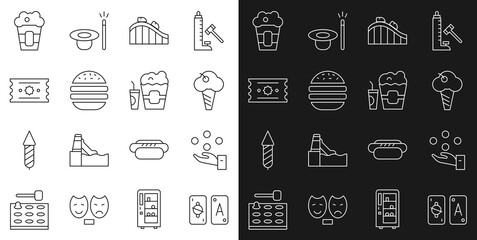 Set line Tarot cards, Juggling ball, Ice cream waffle cone, Roller coaster, Burger, Ticket, Popcorn box and and glass icon. Vector