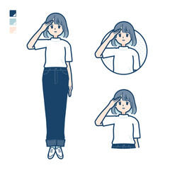 Tシャツを着た若い女性が敬礼しているイラスト