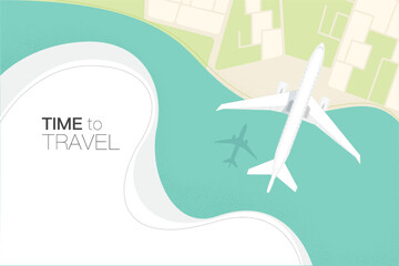 Cartoon Color Airplane Flight Top View Time to Travel Concept Poster Card Flat Design Style. Vector illustration