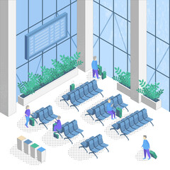 Airport Waiting Area Interior Inside 3D Isometric View. Vector illustration of Terminal Hall with Passenger Chairs