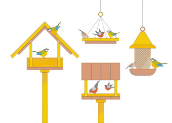 Cartoon Color Bird Feeder Winter Set Concept Flat Design Style. Vector illustration of Bullfinch and Chickadee Feeding