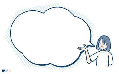 Tシャツを着た若い女性が吹き出しで解説しているイラスト