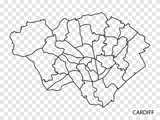 High Quality map of Cardiff is a city of United Kingdom, with borders of the districts. Map of Cardiff for your web site design, app, UI. UK. Wales. EPS10.