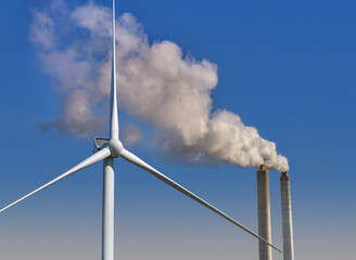 Clean vs dirty energy. Wind turbines against fuel coal power plant. Sustainable development and renewable. - 525102398