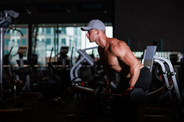 muscular man working out with dumbbells in gym dark tone,