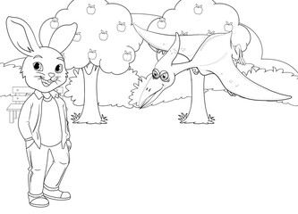 coloring page rabbit and Dinosaur in a park