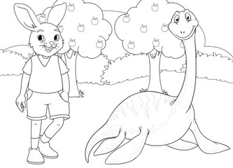 coloring page rabbit and Dinosaur in a park