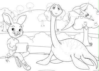coloring page rabbit and Dinosaur in a park