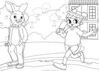 coloring page rabbit and happy boy , mountains and trees