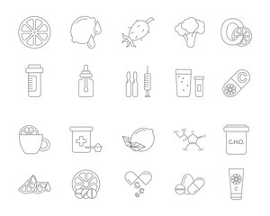 Vitamin C Signs Black Thin Line Icons Set Include of Lemon and Capsule. Vector illustration of Icon