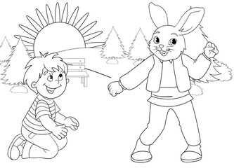 coloring page rabbit and happy boy , mountains and trees
