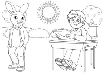 coloring page rabbit and happy boy , mountains and trees