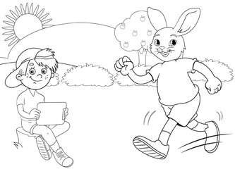 Coloring page rabbit and little boy in forest
