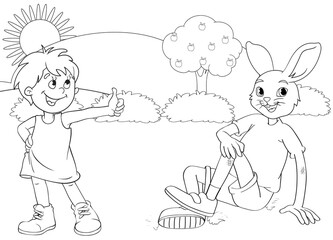 Coloring page rabbit and little boy in forest