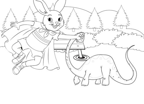 coloring page rabbit and Dinosaur in a park