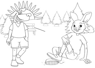 coloring page rabbit and puppy with nature background
