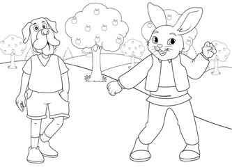 coloring page rabbit and puppy with nature background