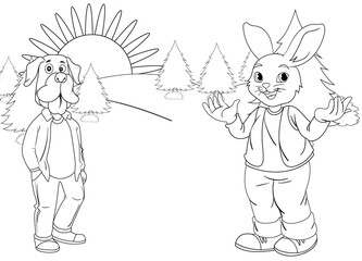 coloring page rabbit and puppy with nature background