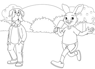 coloring page rabbit and puppy with nature background