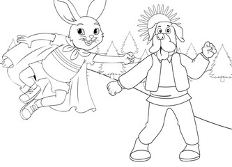Fototapeta na wymiar coloring page rabbit and puppy with nature background
