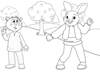 Rabbit coloring page tree and landscape with cartoon character