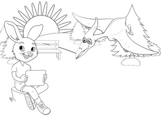 Rabbit coloring page tree and landscape with cartoon character