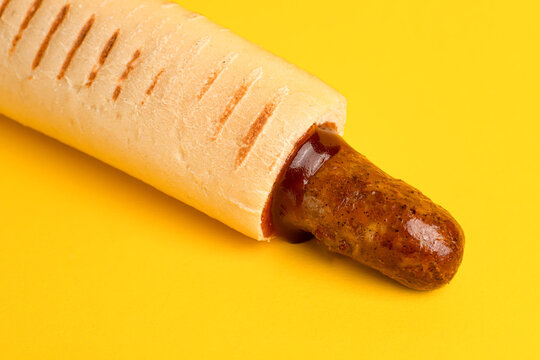 French Hot Dog, Yellow Background Side View