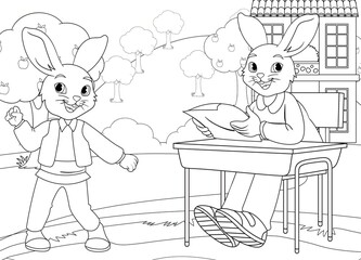 Simple coloring page rabbit and cartoon character with landscape background 