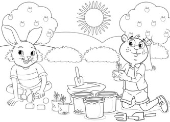 Simple coloring page rabbit and cartoon character with landscape background 