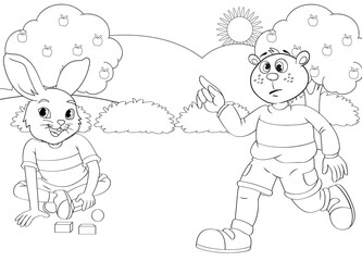 Simple coloring page rabbit and cartoon character with landscape background 