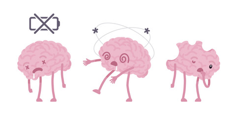 Human brain cute character set, low battery, damage, trauma. Bad level activity, discharge, stressed out, emotional, mental, social, physical and spiritual loss. Vector flat style illustration