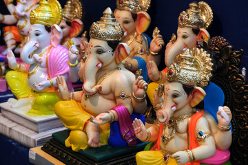 19 August 2022, Pune, India, Ganesha or Ganapati for sale at a shop on the event of Ganesh festival in India, Eco friendly God Ganesha Statue made from clay.