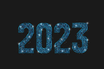 Abstract isolated blue image of new year number 2023. Polygonal low poly wireframe illustration looks like stars in the blask night sky in spase or flying glass shards. Digital web, internet design. © Katsiaryna