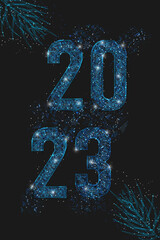 Abstract isolated blue image of new year number 2023. Polygonal low poly wireframe illustration looks like stars in the blask night sky in spase or flying glass shards. Digital web, internet design. © Katsiaryna