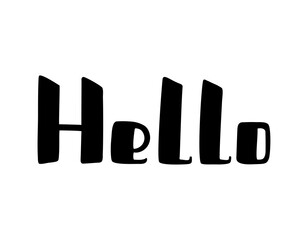 Hello handwritten word, lettering, calligraphy.Greetings symbol in doodle style, hand-drawn text. Use for template, poster, flyer, banner.Isolated, Vector illustration