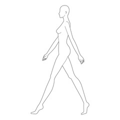 Walking women Fashion template 9 nine head size female for technical clothes drawing. Lady figure side view. Vector isolated outline sketch girl for fashion sketching and illustration.