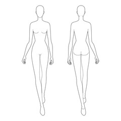 Walking women Fashion template 9 nine head size female for technical clothes drawing. Lady figure front and back view. Vector isolated outline sketch girl for fashion sketching and illustration.