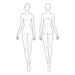 Walking women Fashion template 9 nine head size female with main lines for technical drawing. Lady figure front, back view. Vector isolated outline sketch girl for fashion sketching and illustration