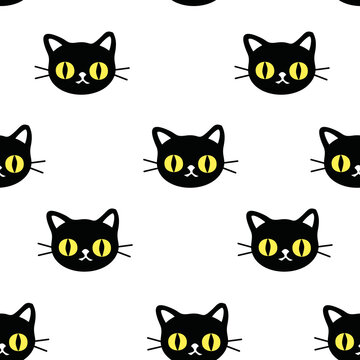 Halloween vector seamless pattern with Hand drawn Cat Head. Cartoon Animals Background in doodle style. Vector Illustration