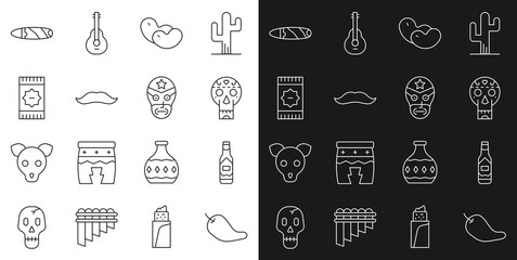 Set line Hot chili pepper pod, Tabasco sauce, Mexican skull, Beans, Mustache, carpet, Cigar and wrestler icon. Vector