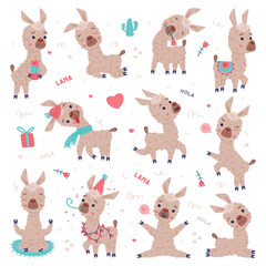 Cute baby llama in different poses set. Funny alpaca character domesticated animal. Childish print for sticker, card, textile, nursery decor vector illustration