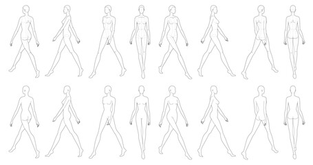 Set of Walking women Fashion template 9 nine head female with and without main lines for clothes technical drawing. Lady figure front, side, 3-4, back view. Vector sketch isolated outline girl