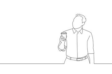 Drawing of business man standing hold cup of coffee or tea looking aside. Outline drawing style art