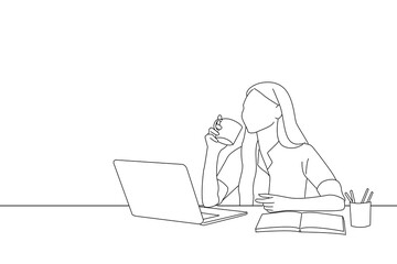 Drawing of young asian businesswoman holding a coffee mug and laptop working at the office. Outline drawing style art