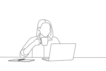 Fototapeta na wymiar Drawing of Cheerful Female Office Worker Using Laptop And Drinking Coffee At Workplace. One line art