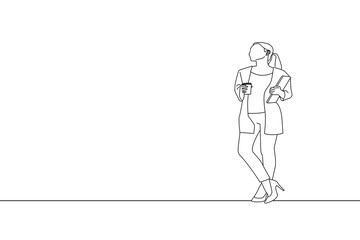 Illustration of businesswoman holding cup of coffee and laptop computer while standing and looking away at copy space. Outline drawing style art