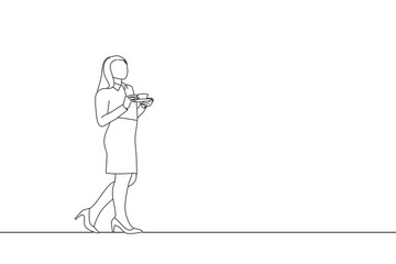 Cartoon of side view of businesswoman holding a cup of coffee and standing wearing her high heels. One line art