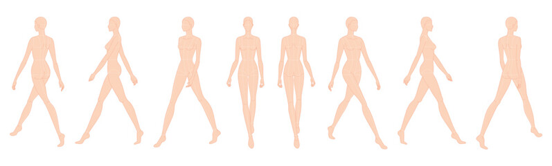 Set of Walking women nude Fashion template 9 nine head size female with main lines for clothes technical drawing. Lady figure front, side, 3-4, back view. Vector outline girl for fashion illustration