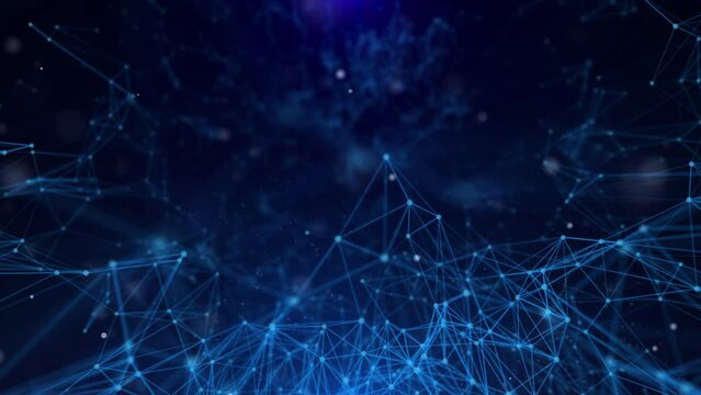 Blue low poly, digital plexus mesh futuristic technology structure zoom in 2 step for infographic work 4K motion background.