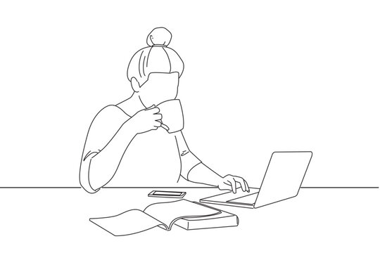 recommend clip art: Drawing of beautiful casual woman sitting at office desk enjoying her cup of coffee while working or studying on laptop. Line art style